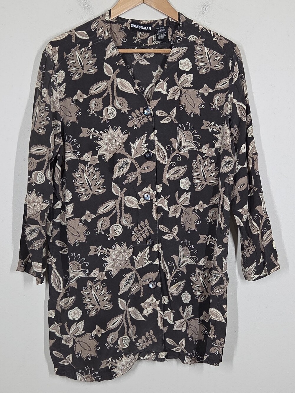 Vtg Diane Gilman Floral 100% Silk Button Up Tunic Top 10 Fairy Grunge Boho